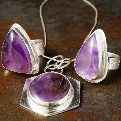Handcrafted sterling silver bezel set Tripache Amethyst Rings and Pendant